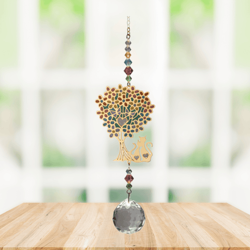Wild Things Cat Under Tree multi-coloured crystal suncatcher hanging in a window with coloured beads and clear crystal prism
