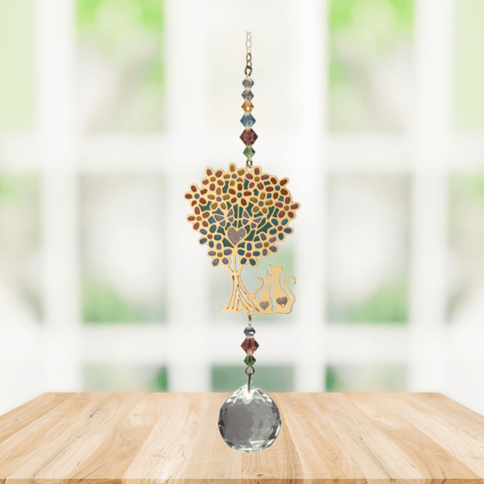Wild Things Cat Under Tree multi-coloured crystal suncatcher hanging in a window with coloured beads and clear crystal prism
