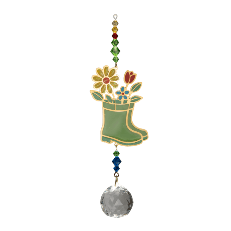 Wild Things Crystal Dreams Wellies suncatcher with green welly boot flowers and clear crystal drop