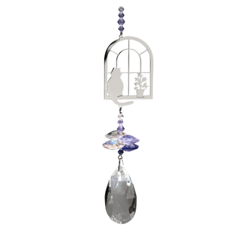 Wild Things Crystal Fantasy Cat in Window suncatcher with silver cat design and clear crystal drop