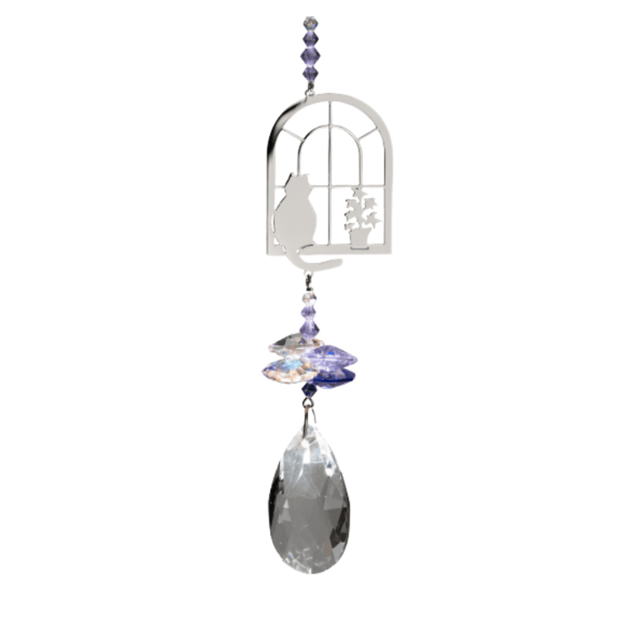 Wild Things Crystal Fantasy Cat in Window suncatcher with silver cat design and clear crystal drop