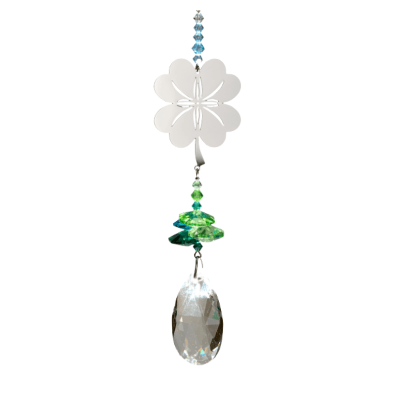 Wild Things Crystal Fantasy Four Leaf Clover suncatcher with silver clover charm and clear crystal drop