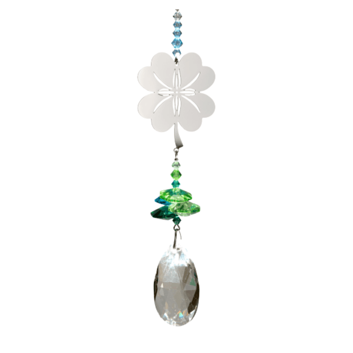 Wild Things Crystal Fantasy Four Leaf Clover suncatcher with silver clover charm and clear crystal drop