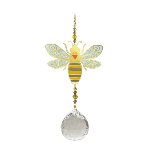 Wild Things Crystal Wonders bee autumn gold crystal suncatcher on white background, mirror-gold bee motif with warm tones and 30mm crystal ball.