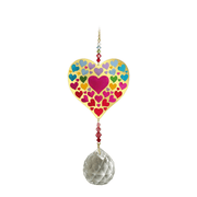 Wild Things Crystal Wonders Heart of Hearts crystal suncatcher on white background, mirror-gold heart motif with multicolour hearts and 30mm crystal ball pendant.