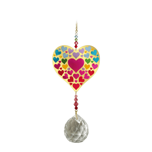 Wild Things Crystal Wonders Heart of Hearts crystal suncatcher on white background, mirror-gold heart motif with multicolour hearts and 30mm crystal ball pendant.