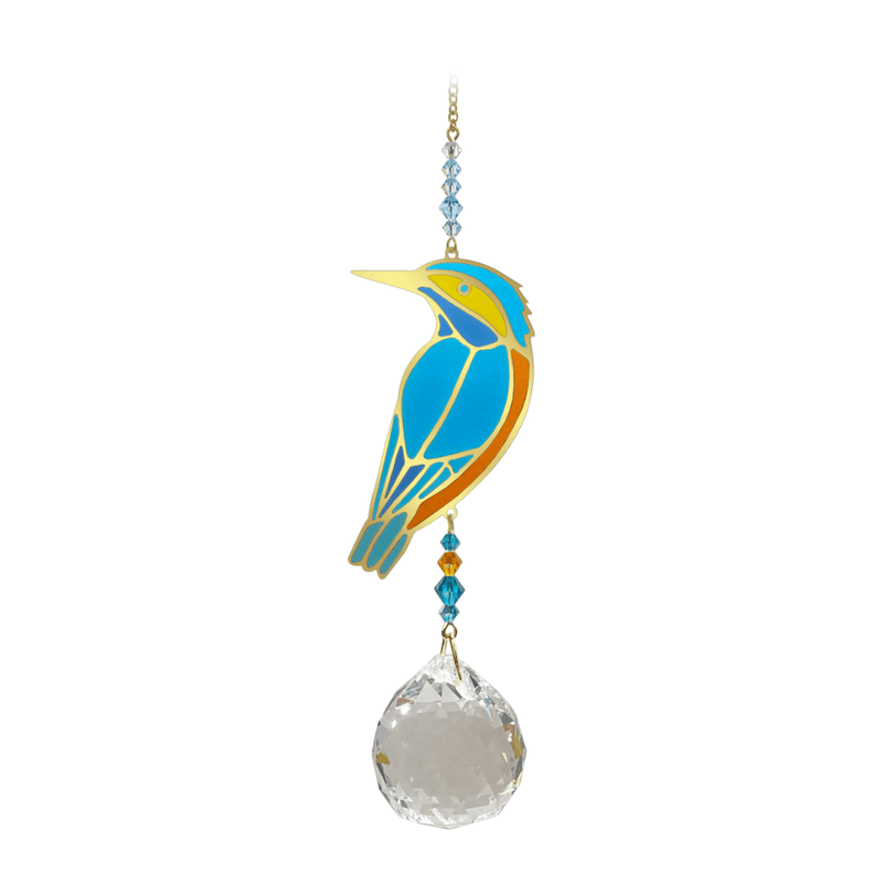 Wild Things Crystal Wonders kingfisher crystal suncatcher on white background, mirror-gold bird motif in blue and gold with 30mm crystal ball pendant.
