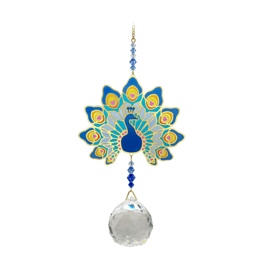 Wild Things Crystal Wonders majestic peacock crystal suncatcher on white background, mirror-gold peacock motif in blue with 30mm crystal ball pendant.