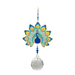 Wild Things Crystal Wonders majestic peacock crystal suncatcher on white background, mirror-gold peacock motif in blue with 30mm crystal ball pendant.