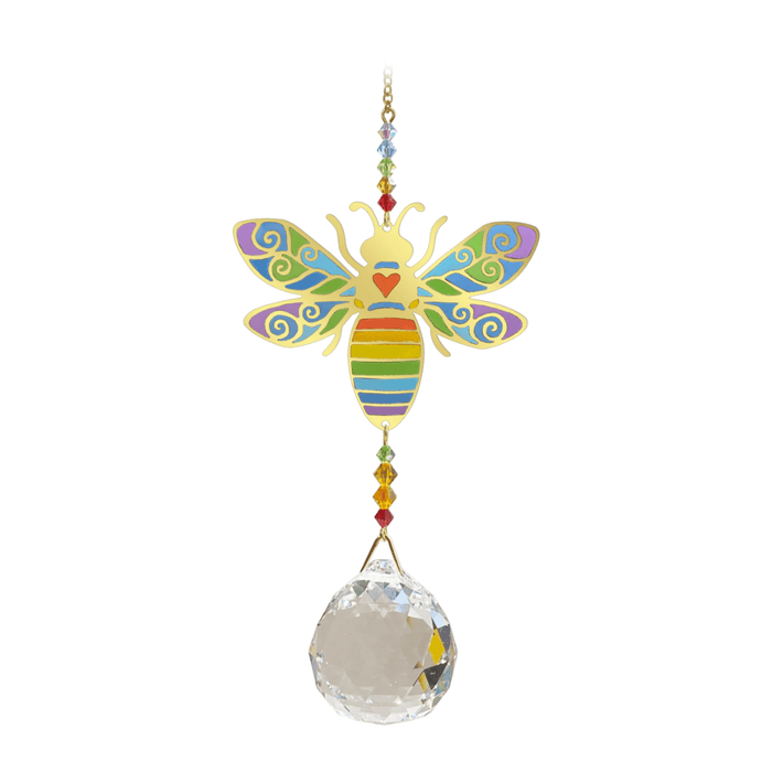 Wild Things Crystal Wonders rainbow bee crystal suncatcher on white background, mirror-gold bee motif with rainbow colours and 30mm crystal ball pendant.