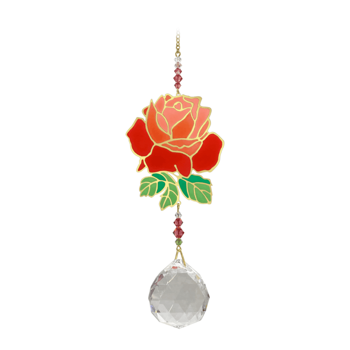 Wild Things Crystal Wonders rose crystal suncatcher on white background, mirror-gold rose motif with red petals, green leaves and 30mm crystal ball pendant.