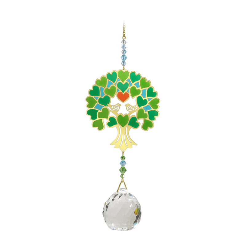 Wild Things Crystal Wonders Tree of Life green crystal suncatcher on white background, mirror-gold motif with green detail and 30mm crystal ball pendant.