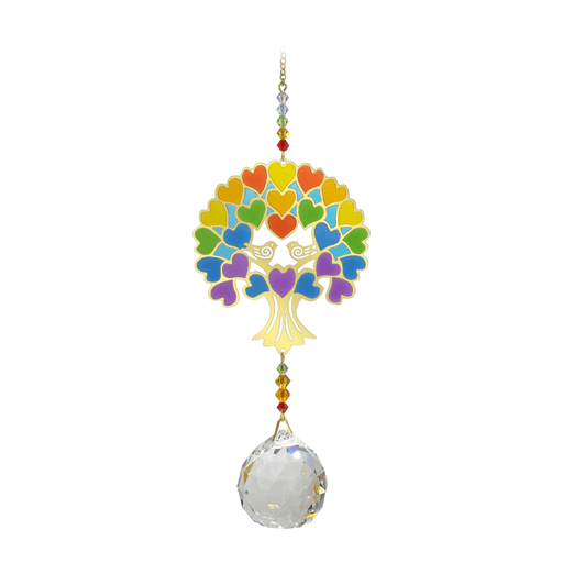 Wild Things Crystal Wonders Tree of Life rainbow crystal suncatcher on white background, mirror-gold motif with rainbow hearts and 30mm crystal ball pendant.