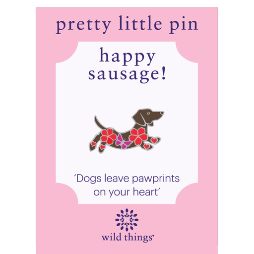 Wild Things Dachshund with Flowers enamel pin in a multi-coloured sausage dog design