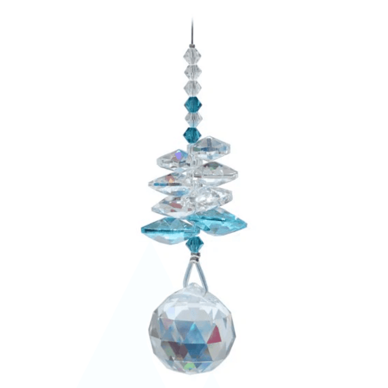 Wild Things Blue Zircon birthstone cascade crystal suncatcher on white background with 20mm ball pendant