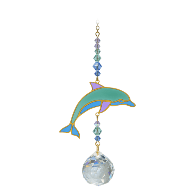 Dolphin Marine Crystal Suncatcher on white backdrop – teal-and-lilac dolphin leaping, aqua bead run and 20 mm crystal prism.
