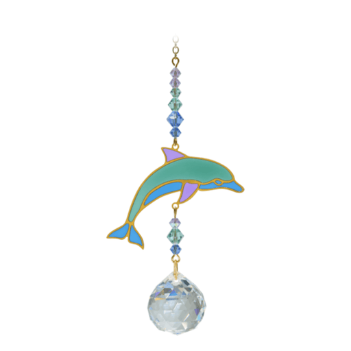 Dolphin Marine Crystal Suncatcher on white backdrop – teal-and-lilac dolphin leaping, aqua bead run and 20 mm crystal prism.
