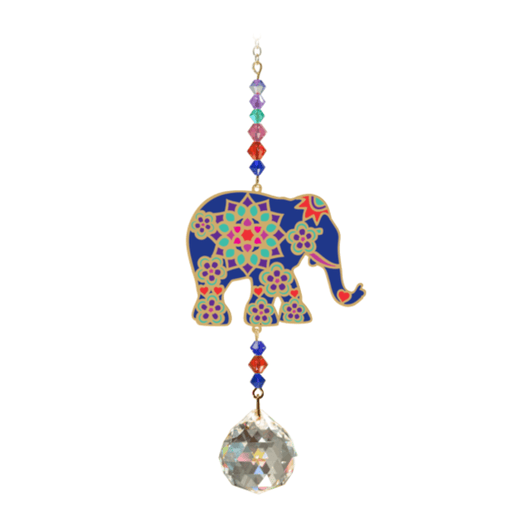 Elephant Indian Crystal Suncatcher on white backdrop – midnight-blue elephant with rainbow mandala flowers, multicolour bead run and 20 mm crystal prism.
