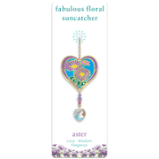 Front view of Wild Things “Aster” heart Crystal Suncatcher on illustrated card, showing purple aster flowers and dangling heart crystal

