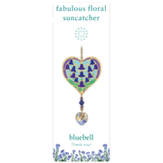 Wild Things Bluebell heart Crystal Suncatcher on gift card, blue & purple bluebell design with dangling crystal heart
