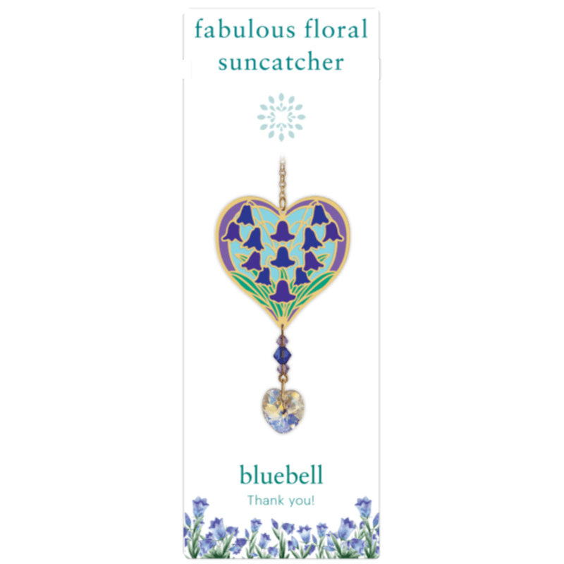 Wild Things Bluebell heart Crystal Suncatcher on gift card, blue & purple bluebell design with dangling crystal heart
