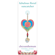 Front view of Wild Things Chrysanthemum heart Crystal Suncatcher on illustrated card, pink bloom design with dangling heart crystal
