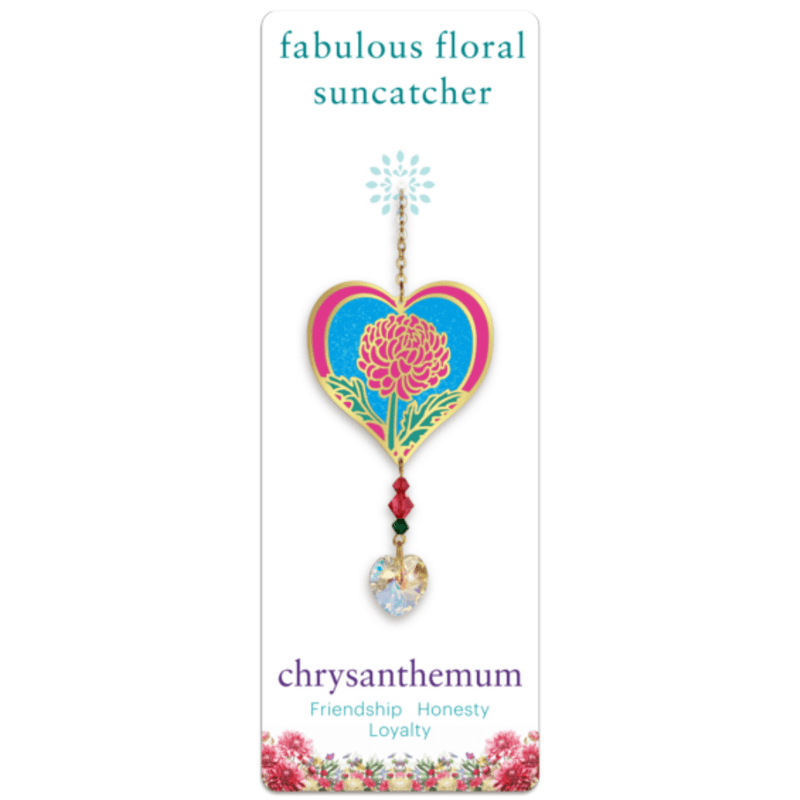 Front view of Wild Things Chrysanthemum heart Crystal Suncatcher on illustrated card, pink bloom design with dangling heart crystal
