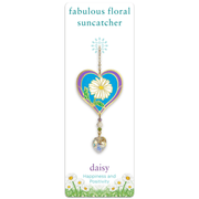 Wild Things Daisy heart Crystal Suncatcher on illustrated card, white daisy design with faceted heart crystal drop

