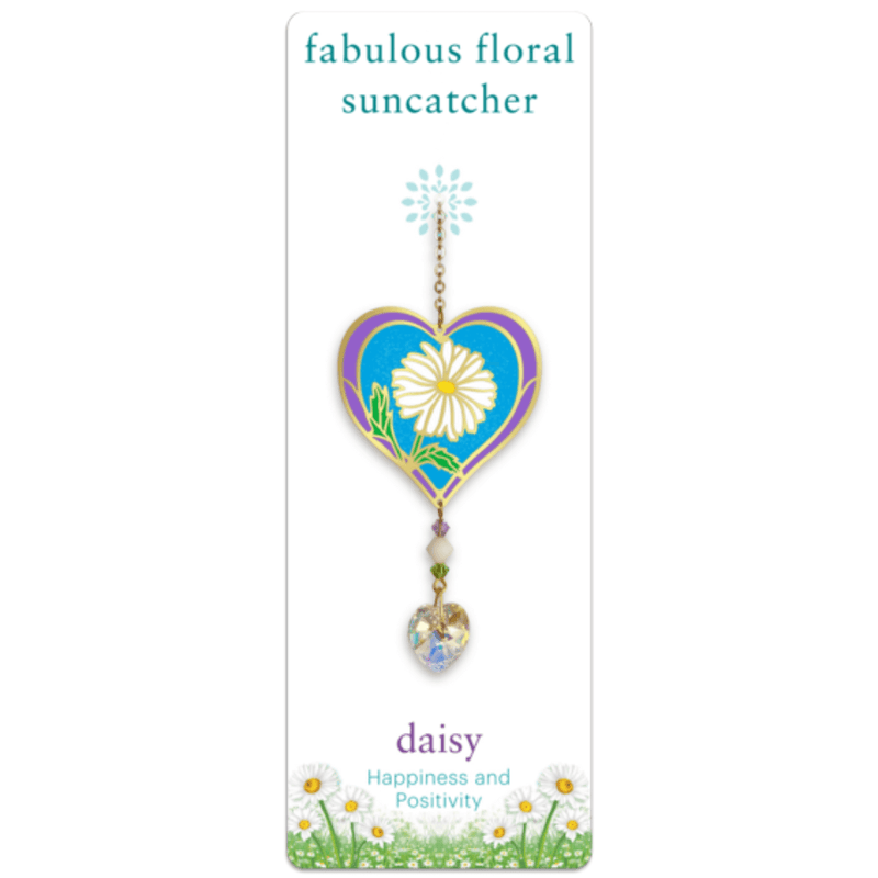 Wild Things Daisy heart Crystal Suncatcher on illustrated card, white daisy design with faceted heart crystal drop
