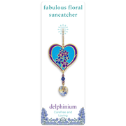 Wild Things Delphinium heart Crystal Suncatcher on gift card, purple & blue delphinium design with faceted heart prism drop
