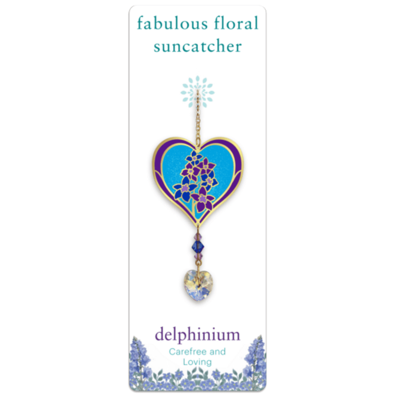 Wild Things Delphinium heart Crystal Suncatcher on gift card, purple & blue delphinium design with faceted heart prism drop
