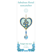 Wild Things Forget-Me-Not heart Crystal Suncatcher on illustrated gift card, blue forget-me-not motif with faceted heart prism
