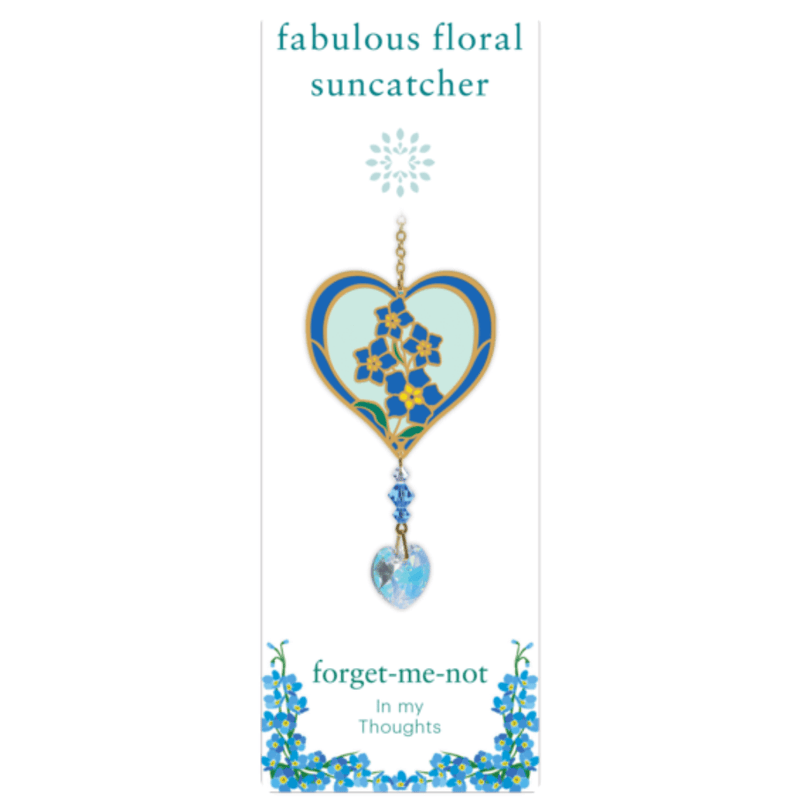 Wild Things Forget-Me-Not heart Crystal Suncatcher on illustrated gift card, blue forget-me-not motif with faceted heart prism
