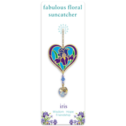 Wild Things Iris heart Crystal Suncatcher on illustrated card, purple iris motif with faceted prism heart
