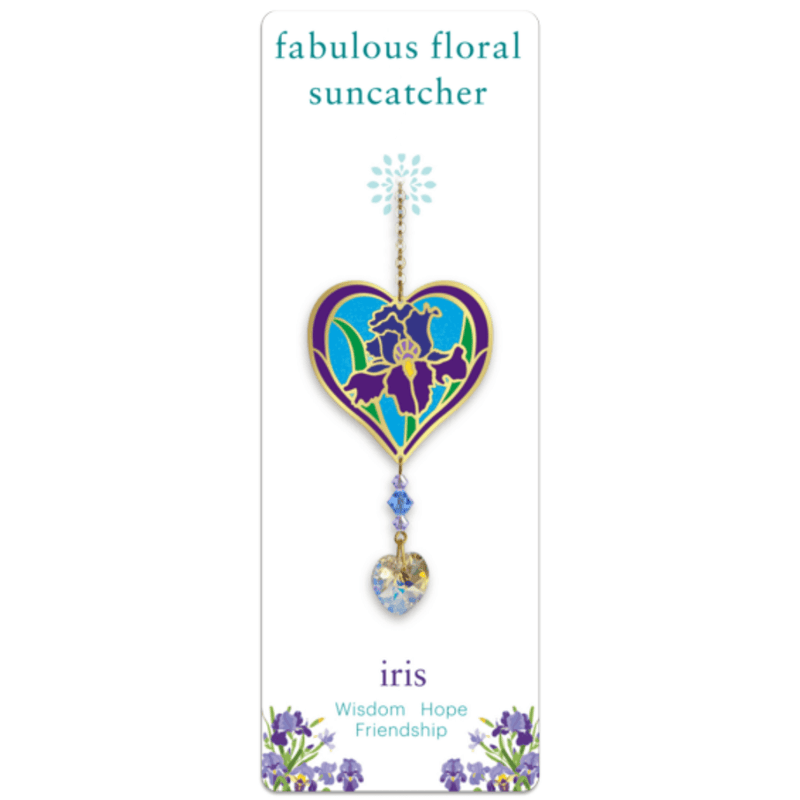 Wild Things Iris heart Crystal Suncatcher on illustrated card, purple iris motif with faceted prism heart
