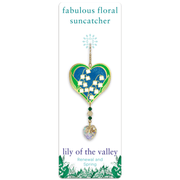 Wild Things Lily of the Valley heart Crystal Suncatcher on gift card, white bell flowers with faceted heart prism drop
