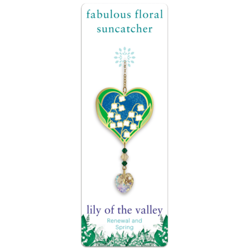 Wild Things Lily of the Valley heart Crystal Suncatcher on gift card, white bell flowers with faceted heart prism drop
