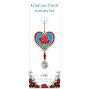Wild Things Rose heart Crystal Suncatcher on illustrated card, red rose design with dangling faceted heart crystal
