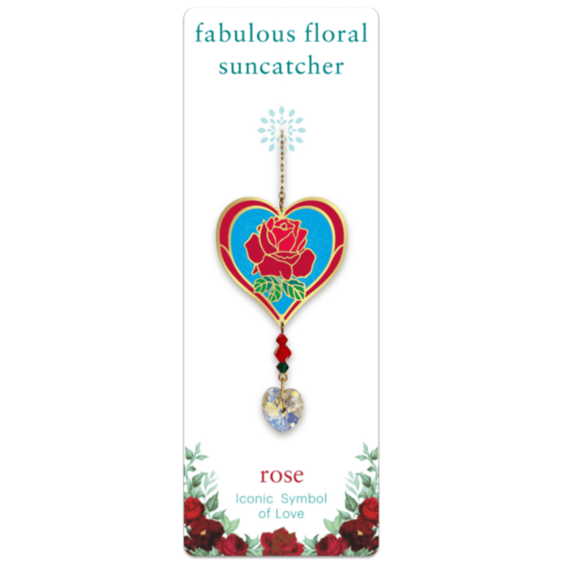 Wild Things Rose heart Crystal Suncatcher on illustrated card, red rose design with dangling faceted heart crystal
