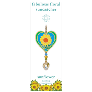 Wild Things Sunflower heart Crystal Suncatcher on illustrated card, yellow sunflower design with faceted crystal heart drop
