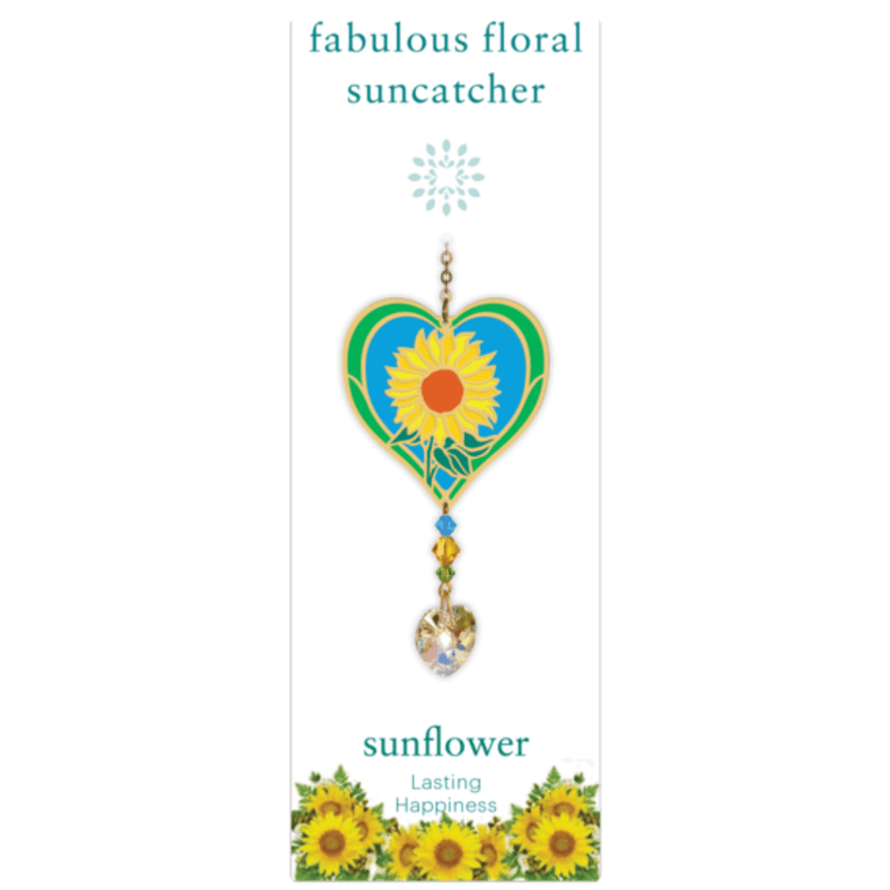 Wild Things Sunflower heart Crystal Suncatcher on illustrated card, yellow sunflower design with faceted crystal heart drop
