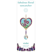 Wild Things Violet heart Crystal Suncatcher on illustrated card, purple violet design with faceted heart prism
