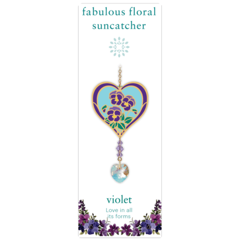 Wild Things Violet heart Crystal Suncatcher on illustrated card, purple violet design with faceted heart prism
