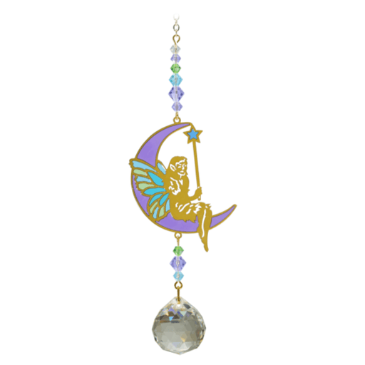 Fairy Aurora Crystal Suncatcher on white backdrop – gold fairy on lavender crescent moon with teal wings, pastel bead run and 20 mm crystal prism.
