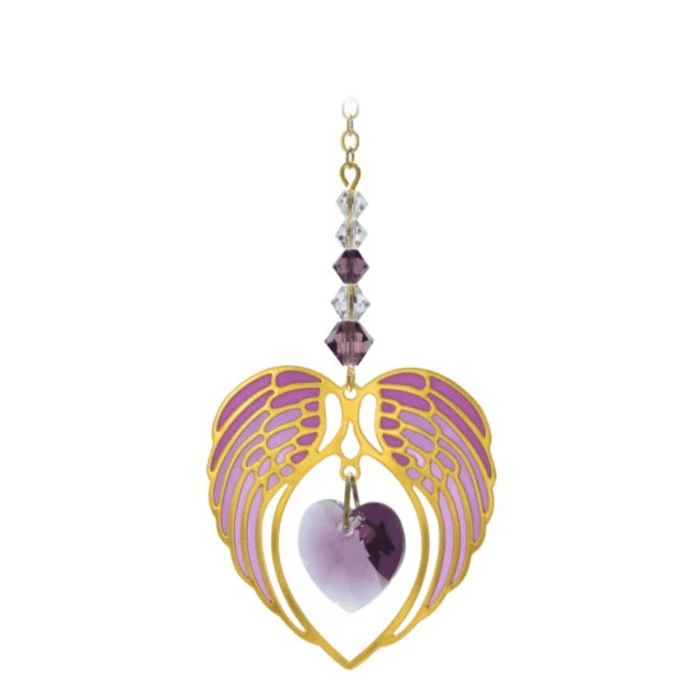 Wild Things gold angel wing heart amethyst February birthstone crystal suncatcher on white background