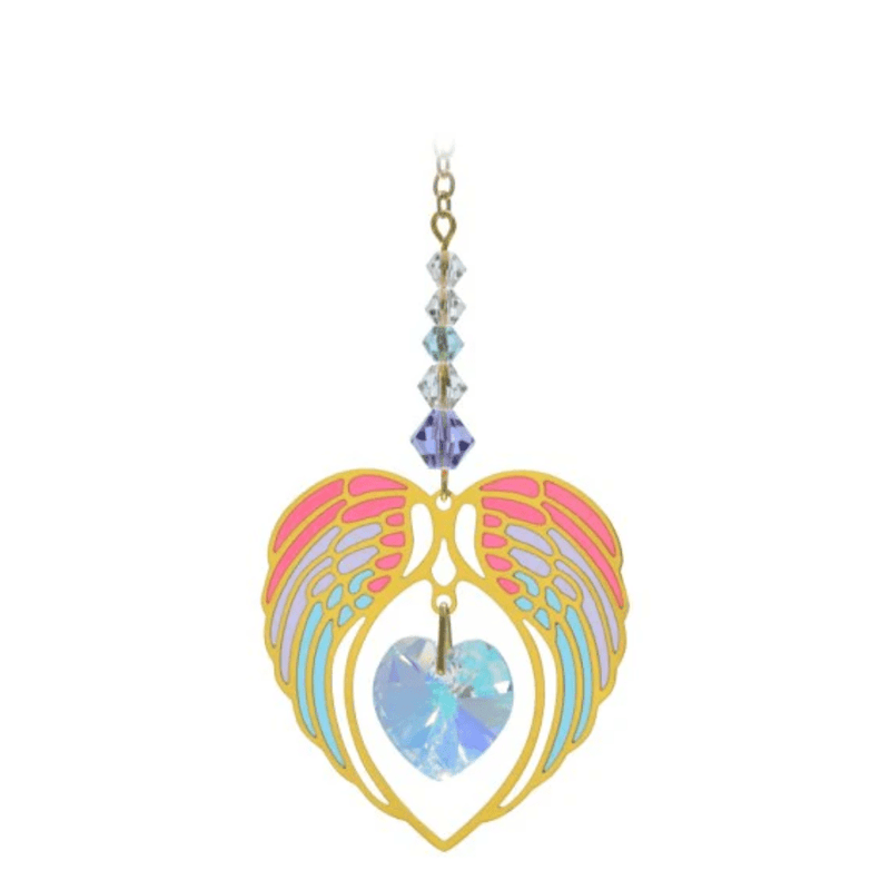 Wild Things gold angel wing heart aurora borealis April birthstone crystal suncatcher on white background