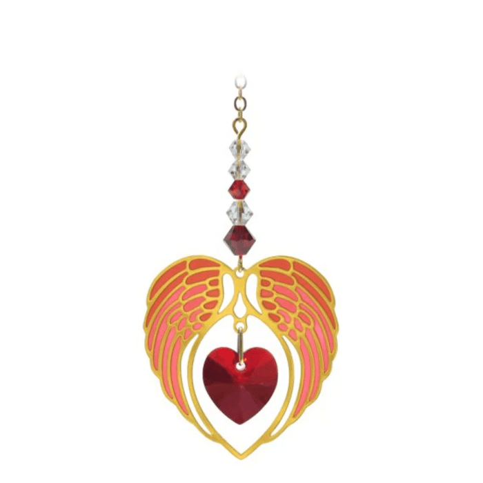 Wild Things gold angel wing heart garnet January birthstone crystal suncatcher on white background