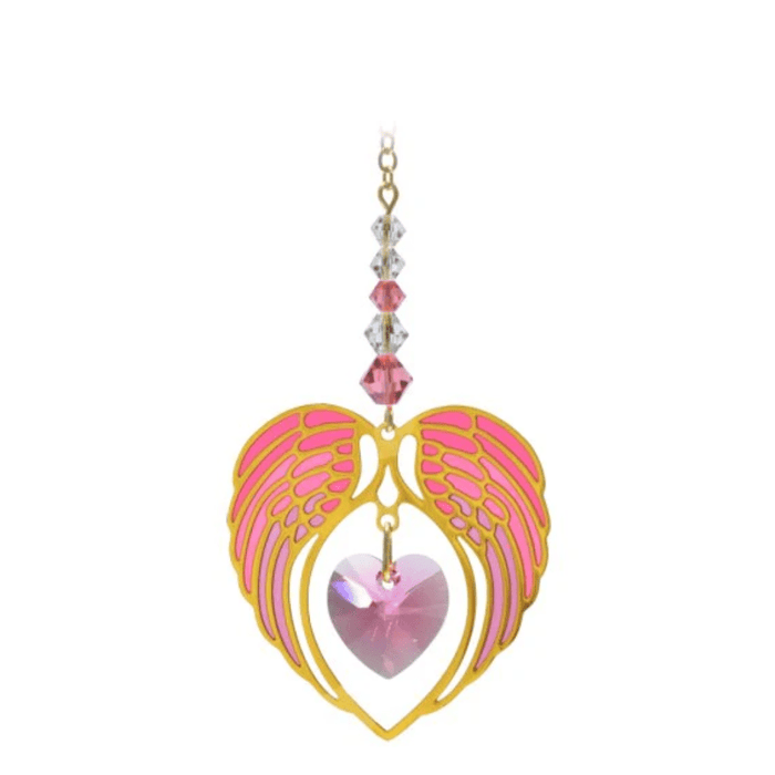 Wild Things gold angel wing heart rose October birthstone crystal suncatcher on white background