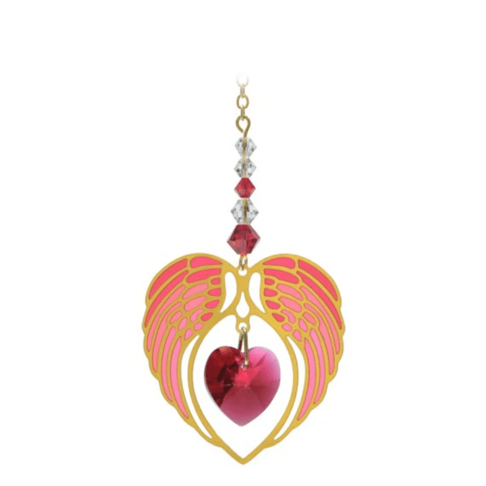 Wild Things gold angel wing heart ruby July birthstone crystal suncatcher on white background