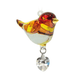 Close-up of glass Goldfinch suncatcher with heart-cut crystal drop on white background

